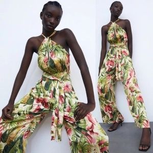 Zara Tropical Print Silk Finish Halter Wide Leg Jumpsuit S